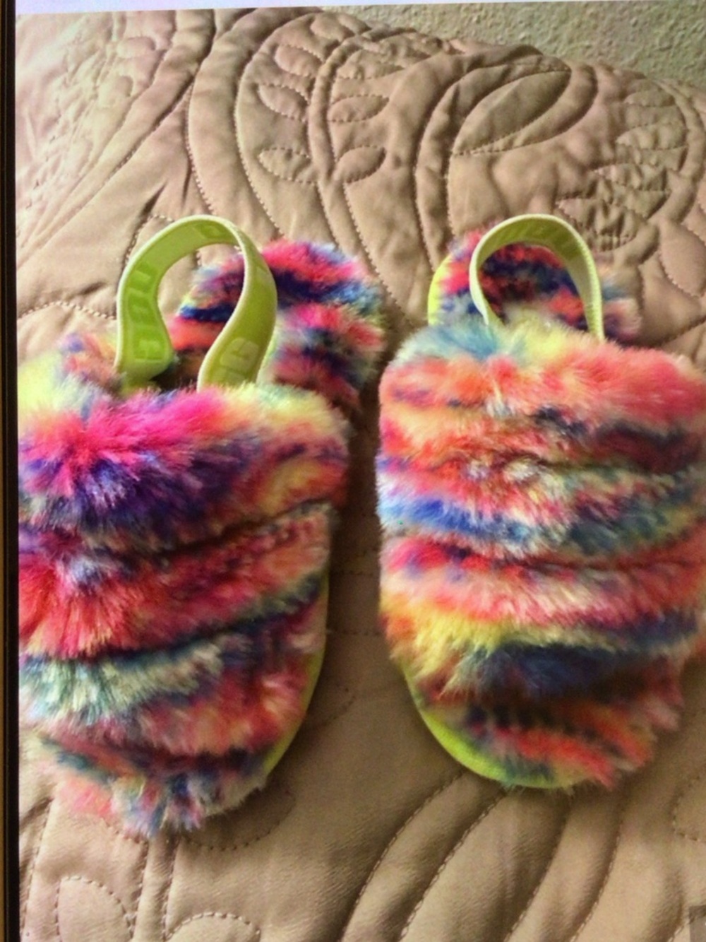 UGG Neon Lime and Multicolor Faux Fur Slide Sandals
